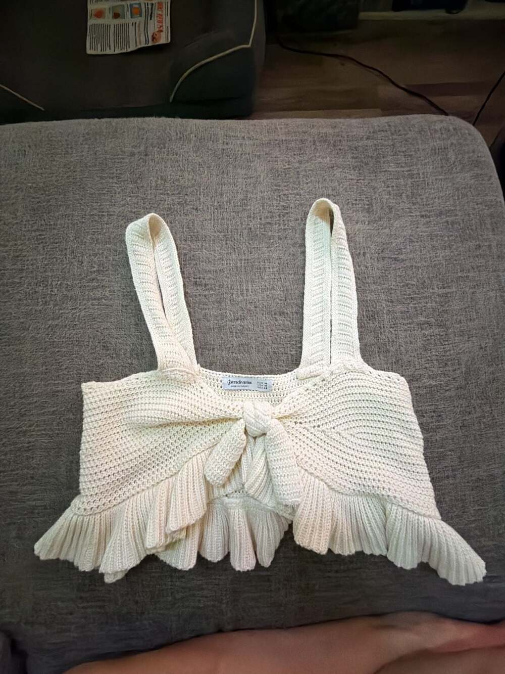 Stradivarius Cream Knitted Tie-Front Peplum Crop Top